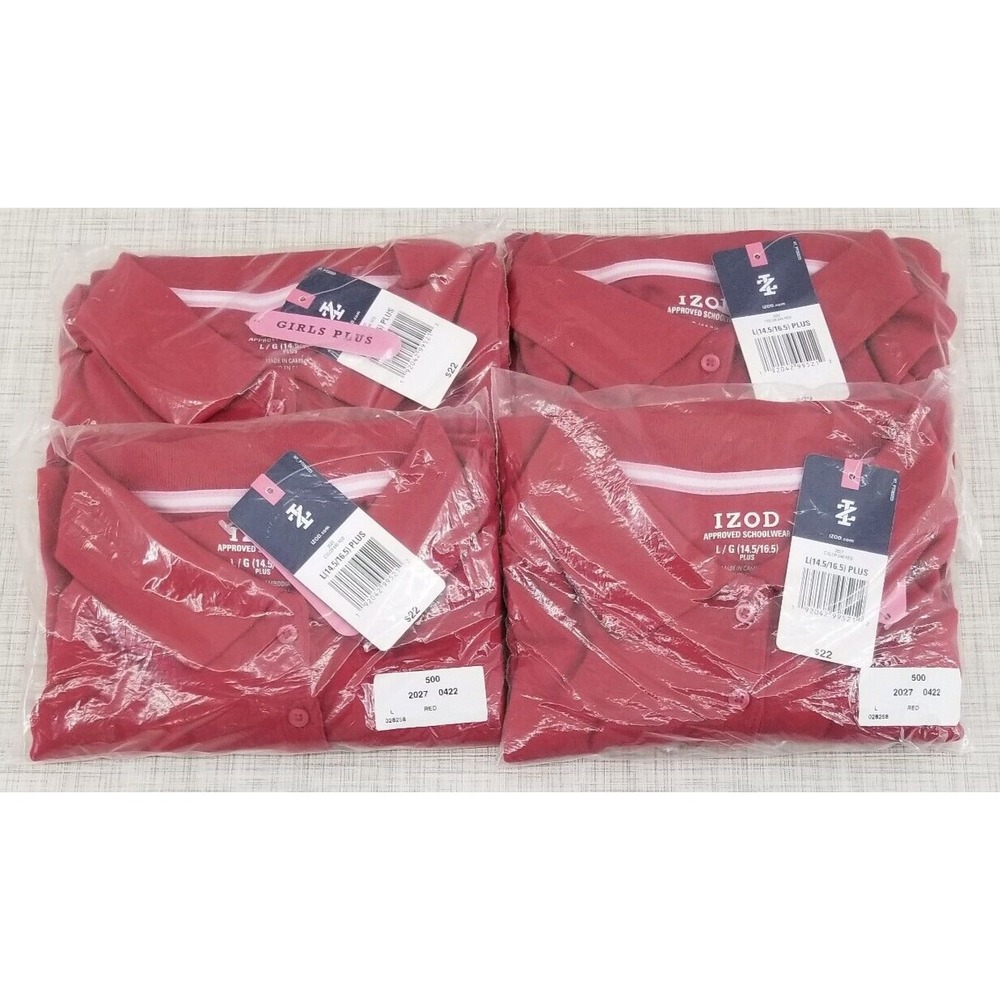 Lot of 4 IZOD Girls Short Sleeve Uniform Polo Shirt, L/G 14.5/16.5 Plus, Red